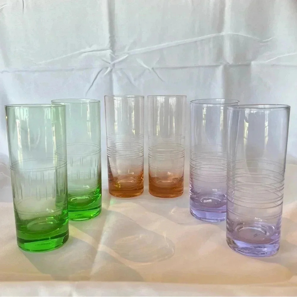 Vintage Set of 6 Etched Multicolored Iced Tea Glasses - Picture 1 of 5